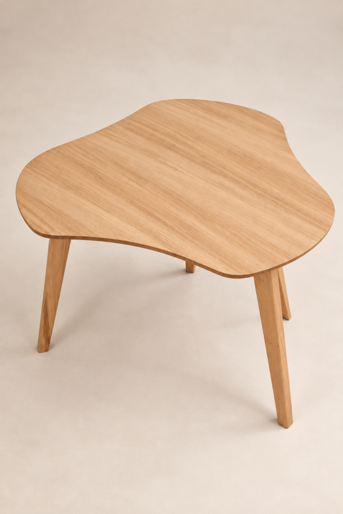 Дизайнерский стол All in Wood из массива бука, вид сверху на столешницу необычной формы